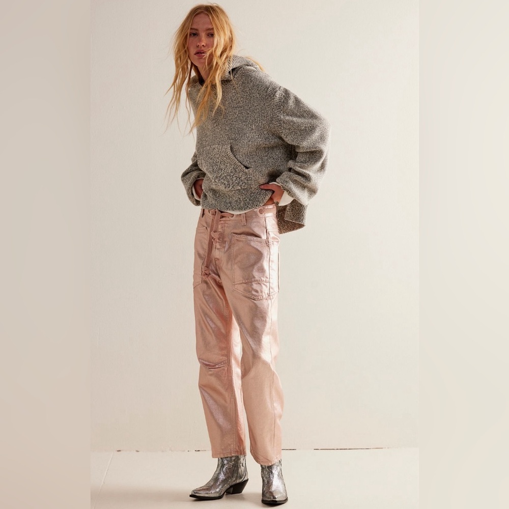 Free People Moxie Metallic Low Slung Barrel Jeans